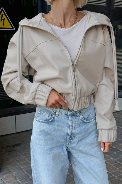 Black Faux Leather Hooded Loose Streetwear Jacket