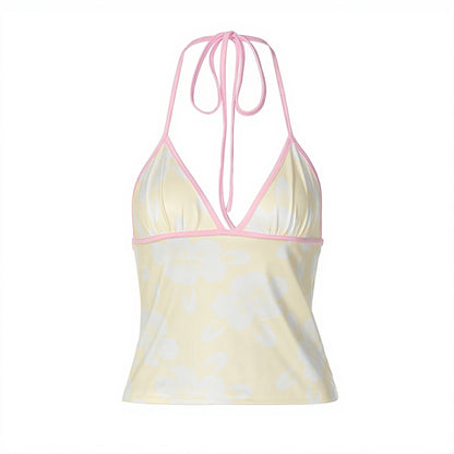 Casual Floral Print V Neck Halter Top