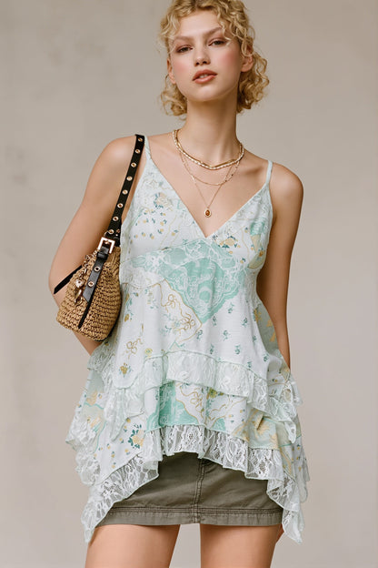 Retro Floral Chiffon Ruffled Cami Top