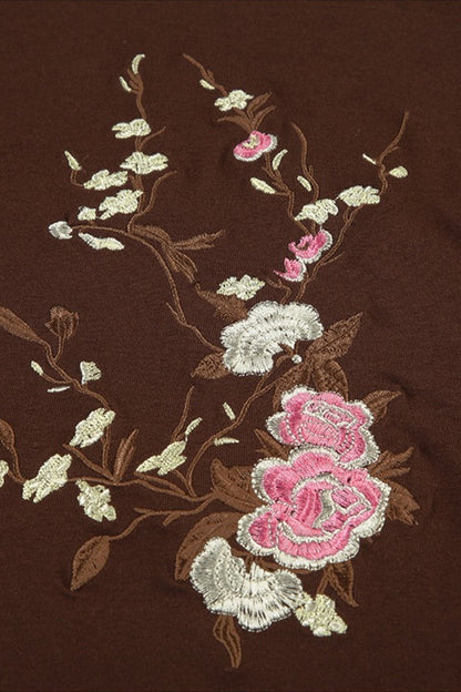 Vintage Floral Embroidery Tie Waist V Neck T-shirt