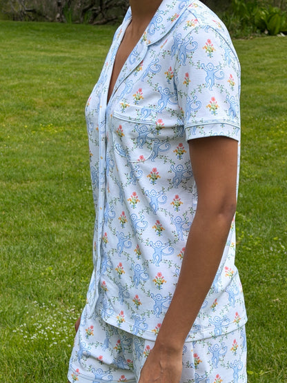 Roller Rabbit x Hill House Polo Pajamas - Blue Floral Monkey Trellis