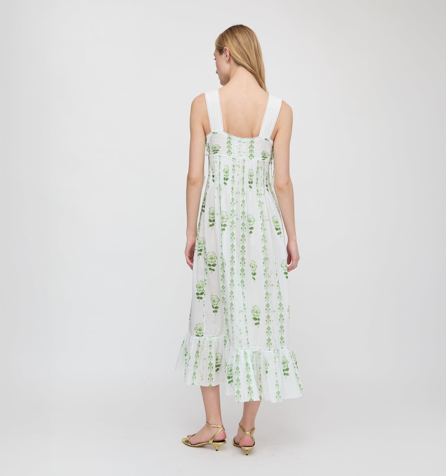 The Lux Nightgown - White/Green Arcadia Border