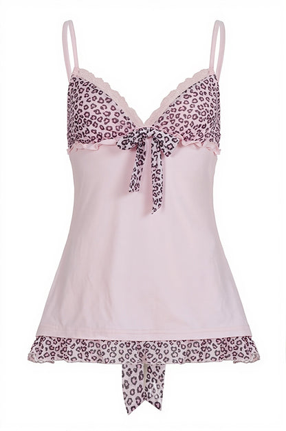 Pink Leopard Mesh Splice Tie Cami Top