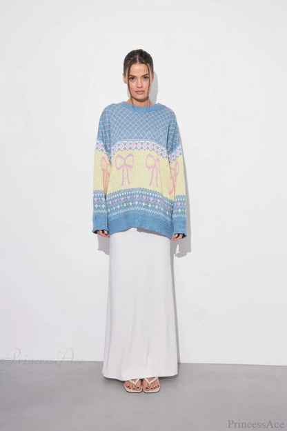 Bow Color Block Crew Neck Outer Wear Warm Lazy Knit Sweater
