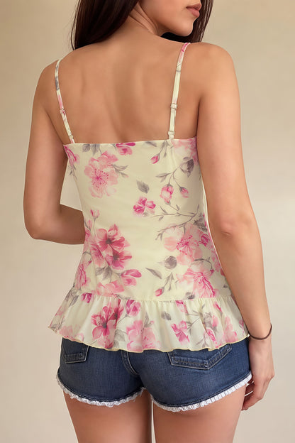 Ruched V Neck Floral Mesh Cami Top