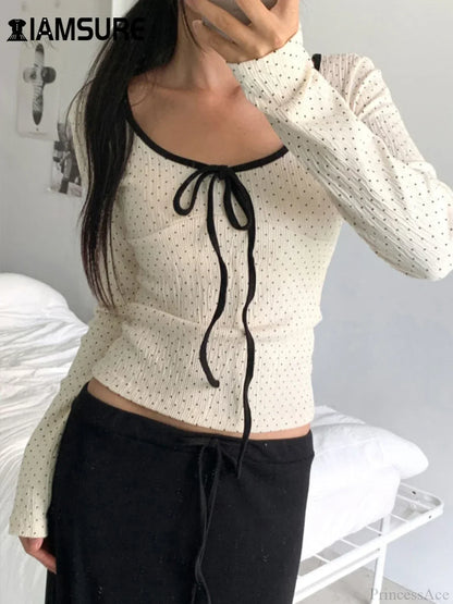Casual Contrast Color Dot Printed Slim O-Neck Knit Top