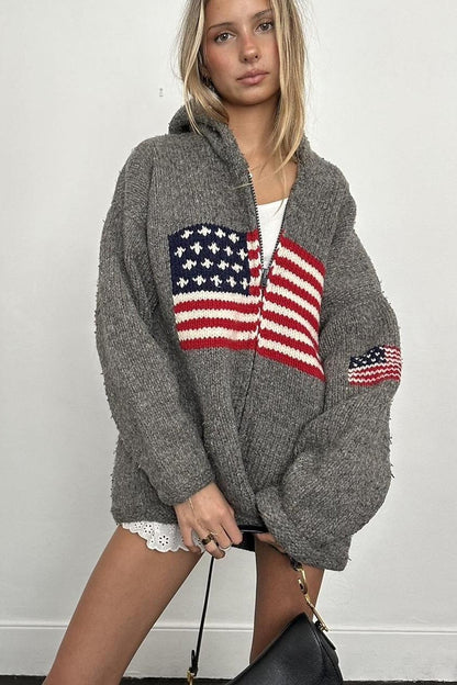 Chic Flag Graphic Knit Zippered Hoodie