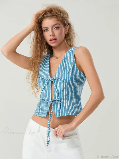 Elegant Bow Tied Front Striped Sleeveless V-neck Crop Tank