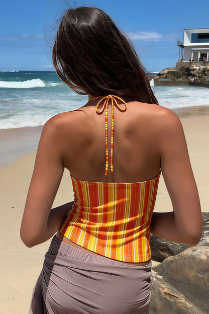 Lace Spliced Orange Striped Halter Top