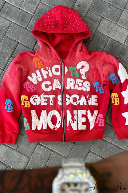 Foam Letter Print Hip-Hop Zip Hoodie