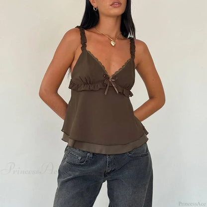 Frill Spaghetti Strap Chiffon Ruffled Crop Top