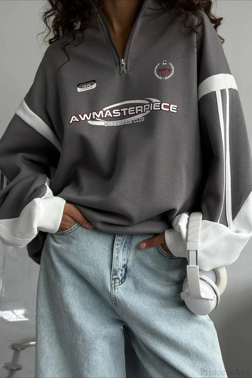 Half-Zip Stand Collar Letter Print Hoodie