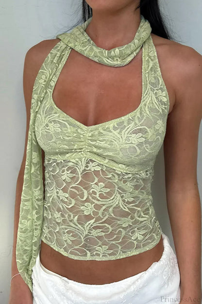 Lace Cowl Neck Halter Vacation Cami Top
