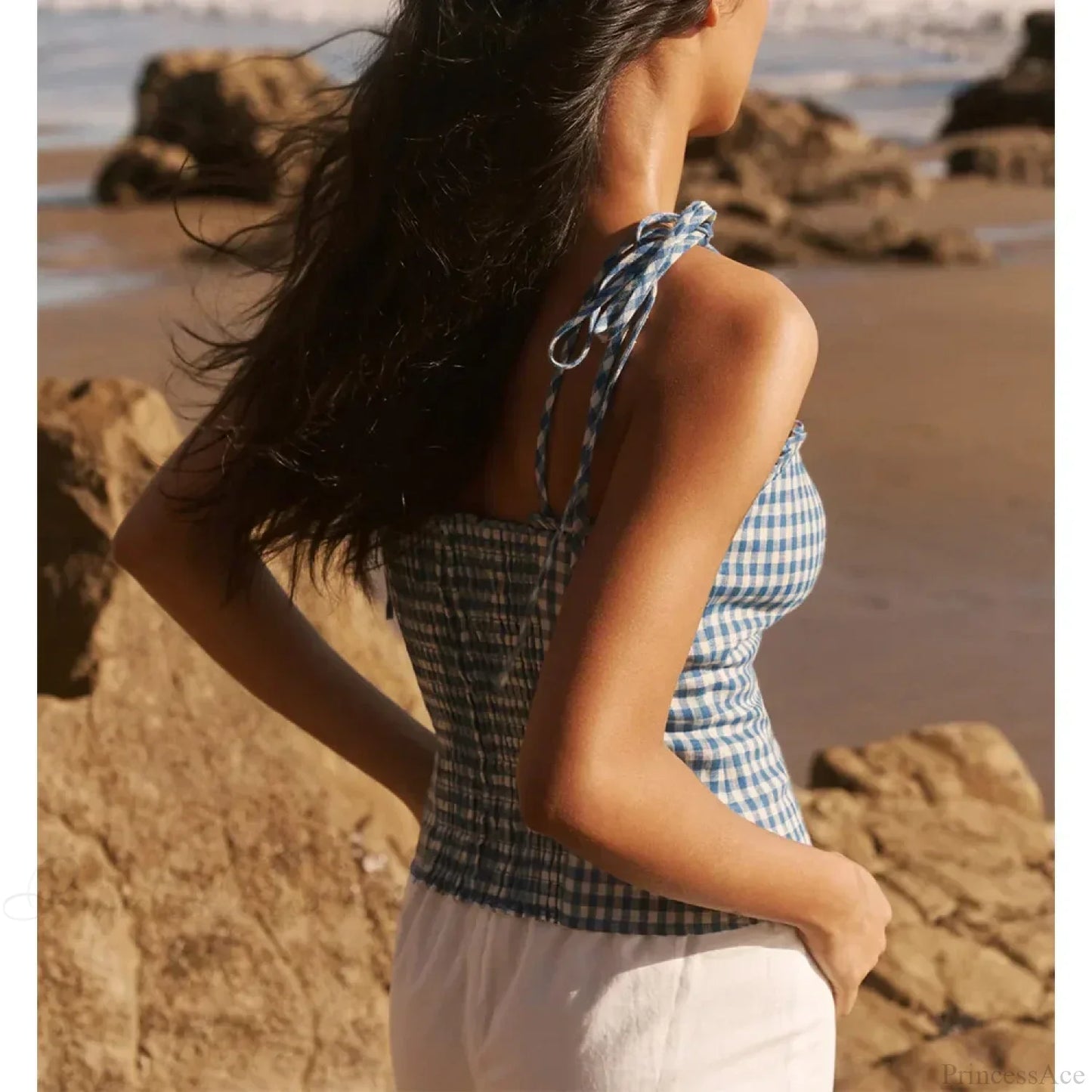 Linen Plaid Sweetheart Bow Tie Frill Spaghetti Strap Crop