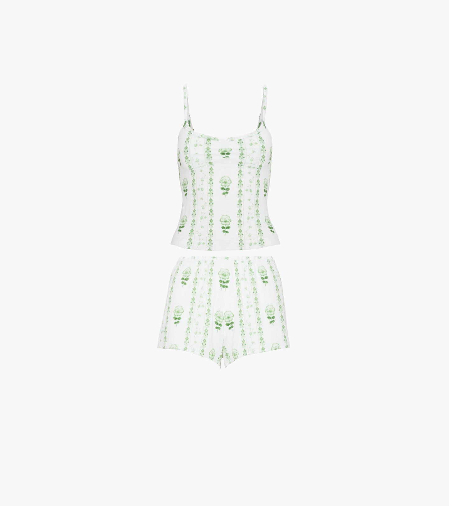 The Sadie Pointelle PJ Set - White/Green Arcadia Border