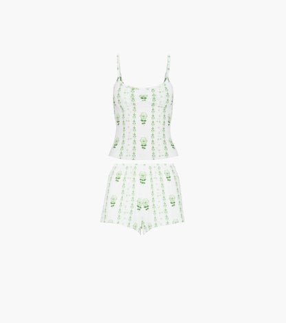 The Sadie Pointelle PJ Set - White/Green Arcadia Border