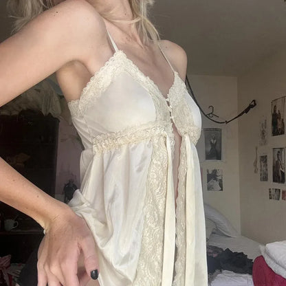 Satin Lace Patchwork Fairycore Front Tie-Up Button Coquette Sleeveless Crop Top