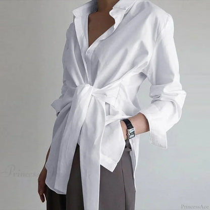 Slim Button Ruched Lace-Up Blouse