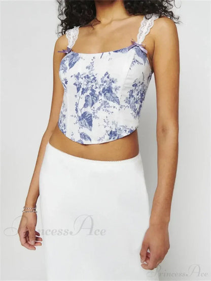 Slim Lace Strap Plaid Floral Print Crop Top