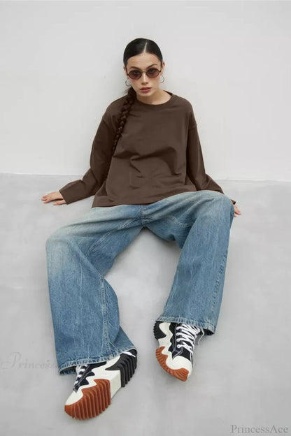 Solid Color Crew Neck Loose Casual Long Sleeve Tee