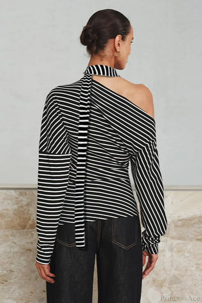 Striped Asymmetrical Shoulder Long Sleeve Tee