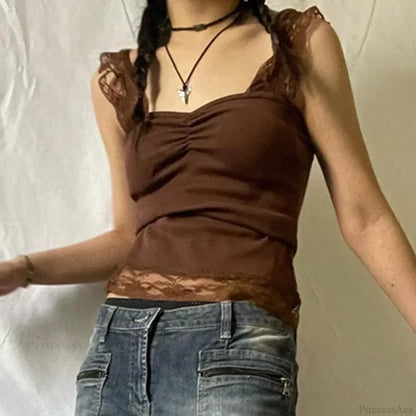 Vintage Brown Lace Patchwork Open Back Slim Fit Fairy Grunge Y2K Camis Crop Top