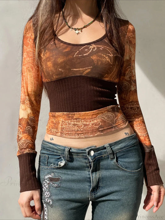 Vintage Patchwork Mesh See-Through Slim Square Collar Long Sleeve Knit Top